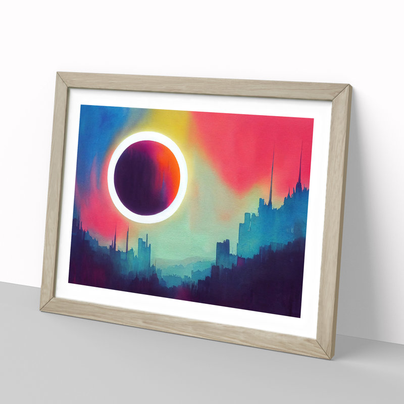 Pretty Watercolour Skyline Abstract 1 Piece Single Picture Frame Painting, 25cm H x 34cm W x 2cm D, Oak Framed