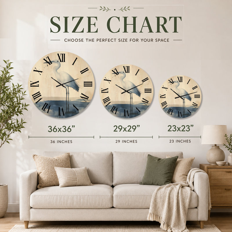 Horloge murale ronde côtière avec aigrette bleue, imprimée sur bois massif, Extra Large