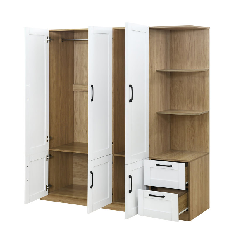 Armoire en bois avec tablettes de rangement latérales, 2 tiroirs et armoires, Blanc