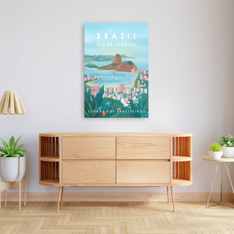 Affiche murale représentant une ville balnéaire brésilienne colorée, sereine et vibrante, H 48 po x l 32 po