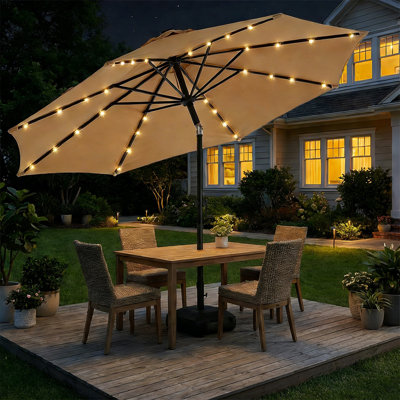 Solar LED Lighted Market Patio Umbrella with Base & Push Button Tilt