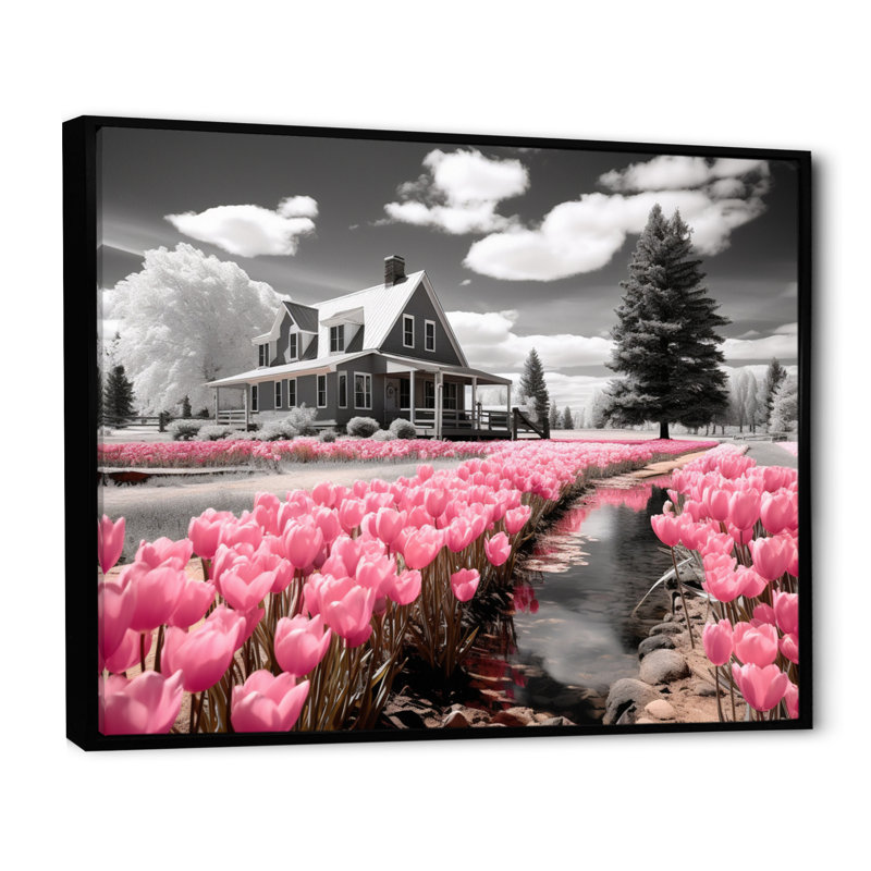 «Pink Farmhouse Frontyard Oasis» - Imprimé, H 12 po x l 20 po x P 1 po, Cadre flottant noir