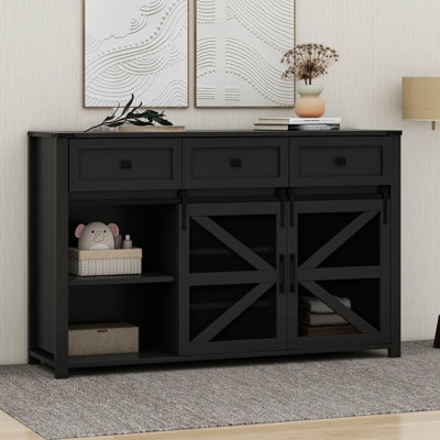Sliding Barn Door Sideboard Buffet Cabinet With 3 Drawers, Adjustable Shelves