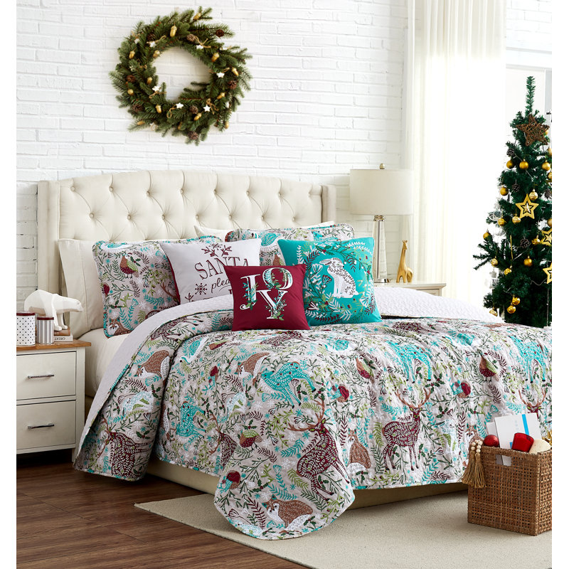 Ensemble de courtepointe réversible Christmas Woodland - gris / menthe / prune