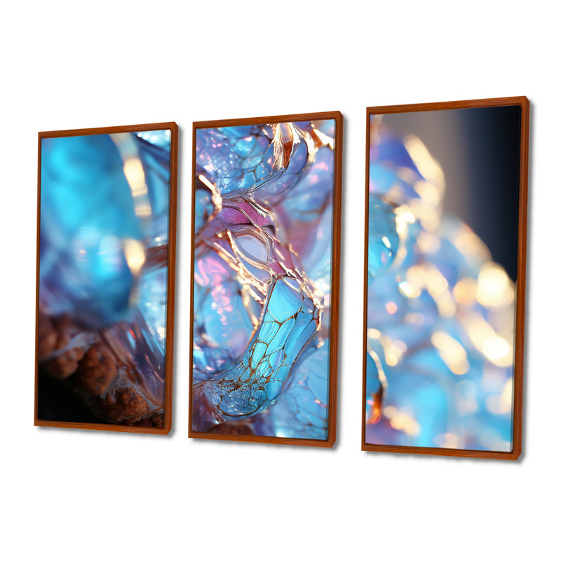«Turquoise Crystal Structure», ensemble d'art mural abstrait, H 40 po x l 60 po x P 1 po, Cadre flottant brun