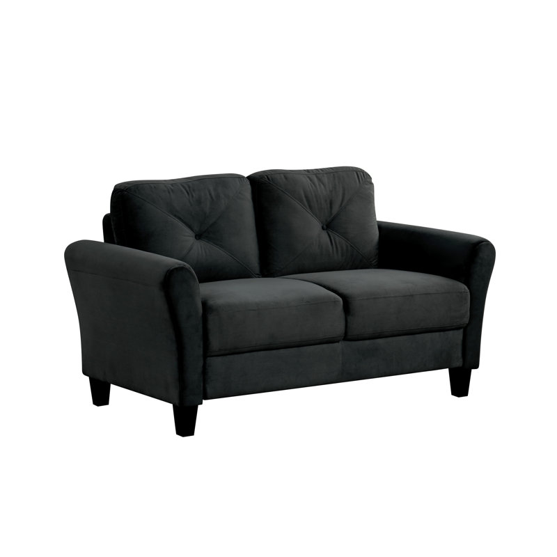 Canapé modulaire confortable en velours noir à 2 places pour la chambre à coucher ou le bureau, avec structure en bois franc, coussins de soutien en mousse et poupée en coton à accoudoir droit légèrement incliné