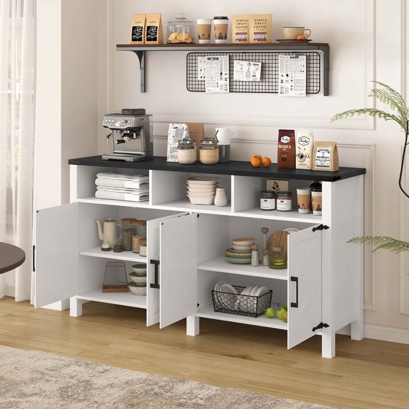 59'' Modern 4-Door Sideboard Buffet With Power Outlets & USB Ports, Adjustable Shelves And Half-Open Storage Cabinet, Metal Accents & Aluminum Handles For Living Room, Dining Room, Entryway