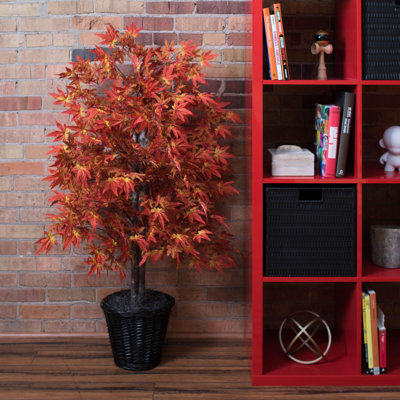 4' Artificial Orange Maple Bush, Rattan Basket.