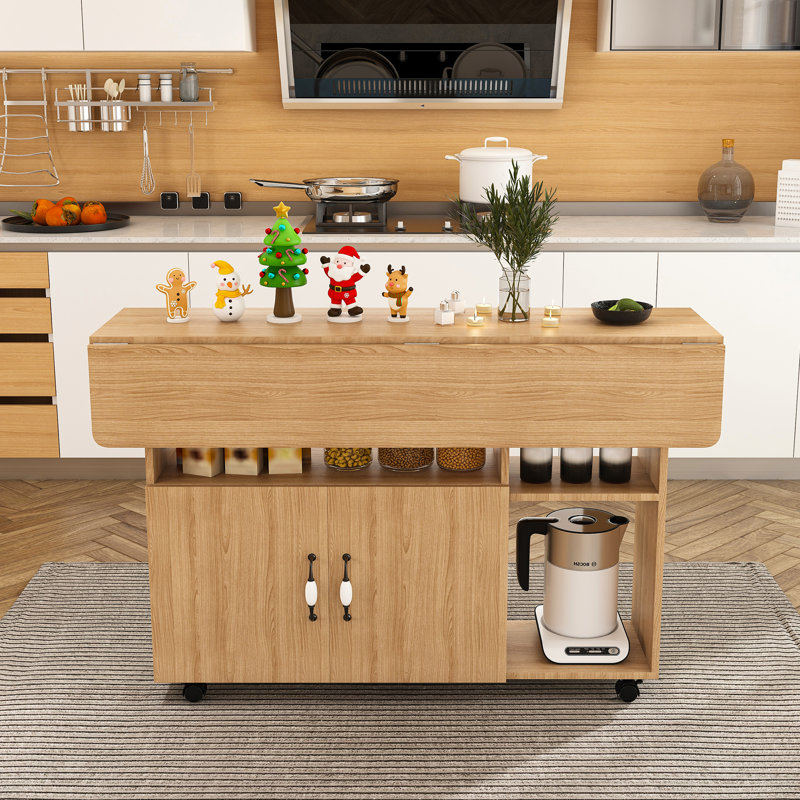 Multi-Functional Kitchen Island With Storage Shelves, Wheels, And Dual Drop Leaf, Wood