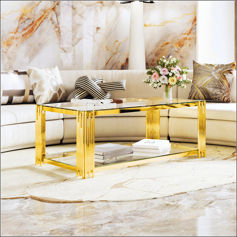 Table basse moderne à miroir noir avec structure asymétrique en métal et tablette inférieure pour rangement élégant, 47,5 po