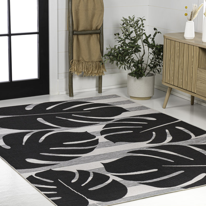 Colgin Classic Beach Stripe and Monstera Leaf Black/Gray Indoor/Outdoor Rug, Rectangle 4' x 6'