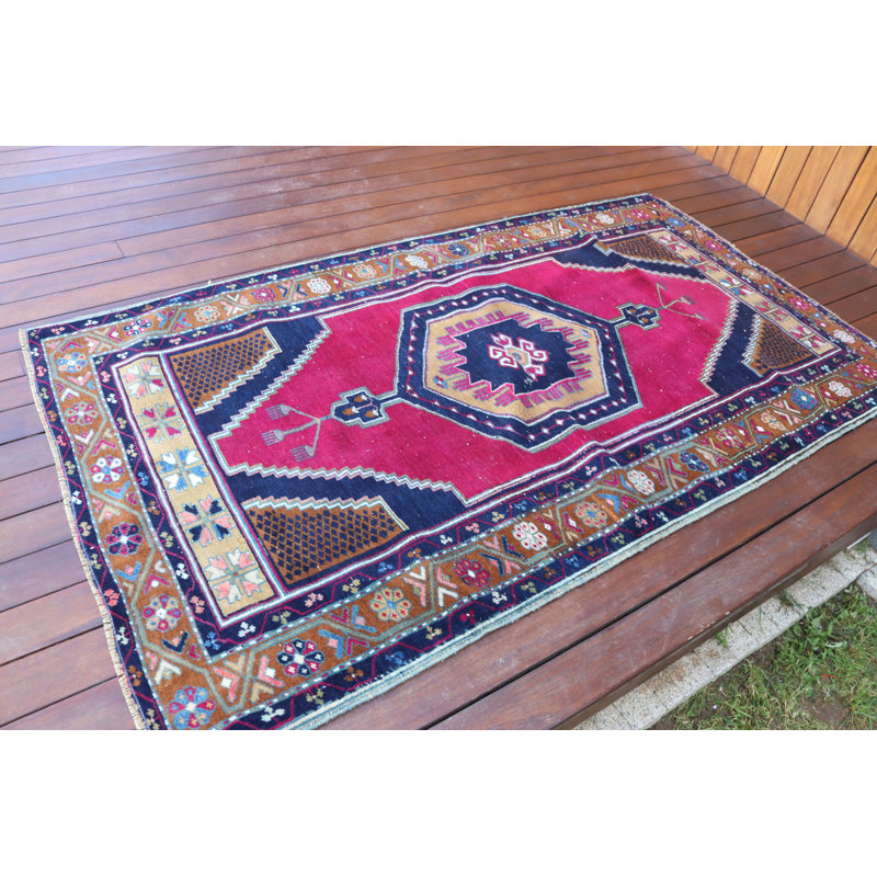 Tapis turc Oushak fabriqué à la main en rose et bleu marine pour un décor de ferme bohémien unique et un revêtement de sol