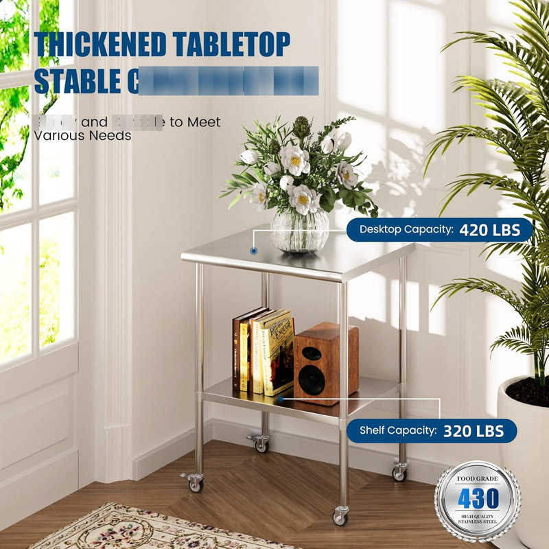 24 X 30 Inches Stainless Steel Table With Adjustable Undershelves And Wheels, Corrosion , For Restaurant Garage Wheels Undershelves, Wear Commercial Kitchen Hotel