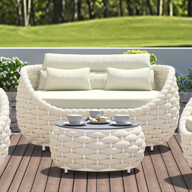 Causeuse d'extérieur en osier 54,7 po avec coussins, Crème, crème, Crème, crème