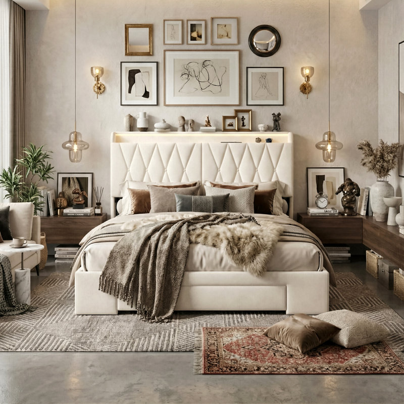 Beige Velvet Storage Bed With 3 Drawers, LED Storage Headboard & USB-C Charging, European Double (140X200cm) & King (160X200cm) 