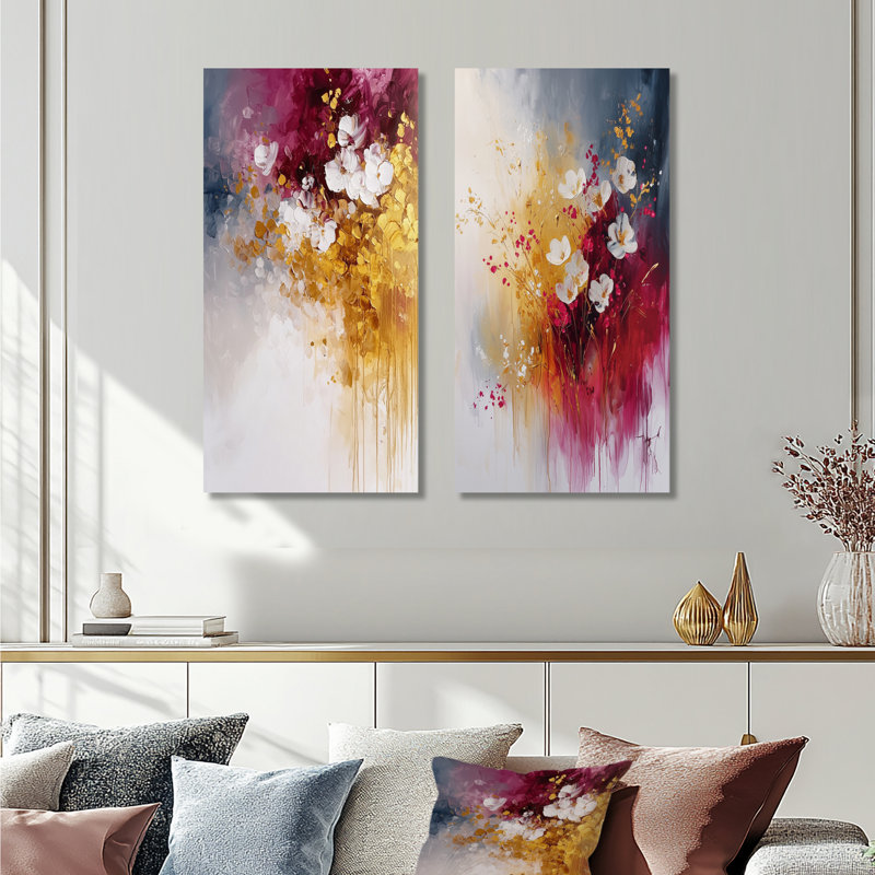 Fleur sauvage sur éclat d'encre I - Collection d'art mural floral 2 pièces, H 40 po x l 41 po, Toile tendue