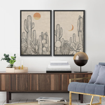 Désert, cactus de la faune avec soleil et lune, art moderne, décor Boho, calme, salon zen