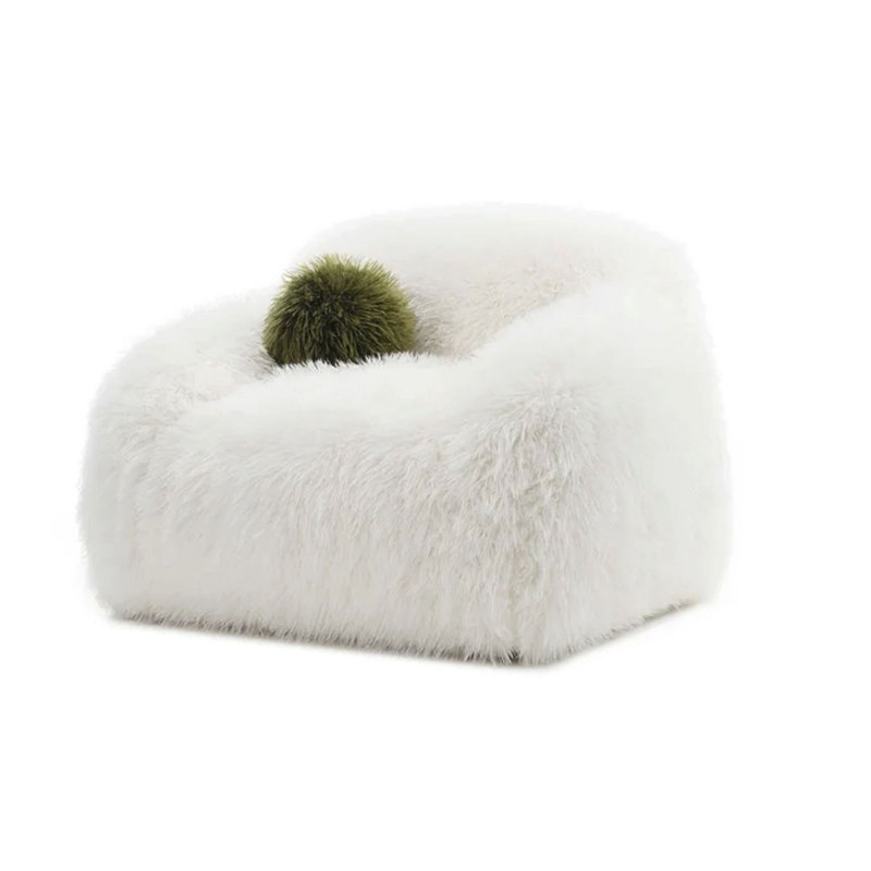 Dera Swivel Accent Chair with Green Ball Pillow Set, White Faux Fur