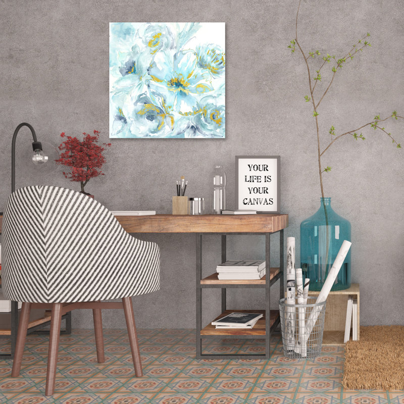 Watercolour Blues With Gold Leaf - Wrapped Canvas Painting, 30cm H x 30cm W