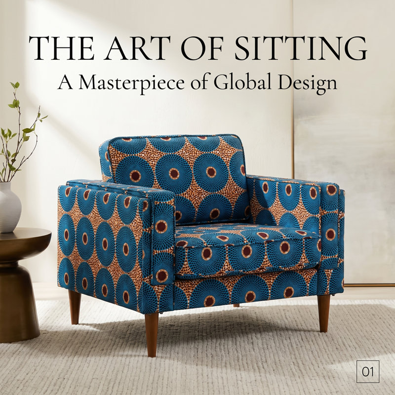 Damesha 40" Modern Fabric Armchair with Wooden Legs and High-Density Foam Cushion, Geometric Pattern Upholstery
