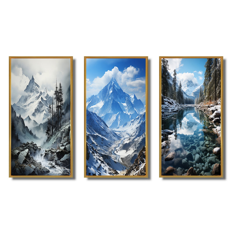 «Canada Majestic Peaks», 3 pièces sur toile, Encadrement doré, H 28 po x l 36 po