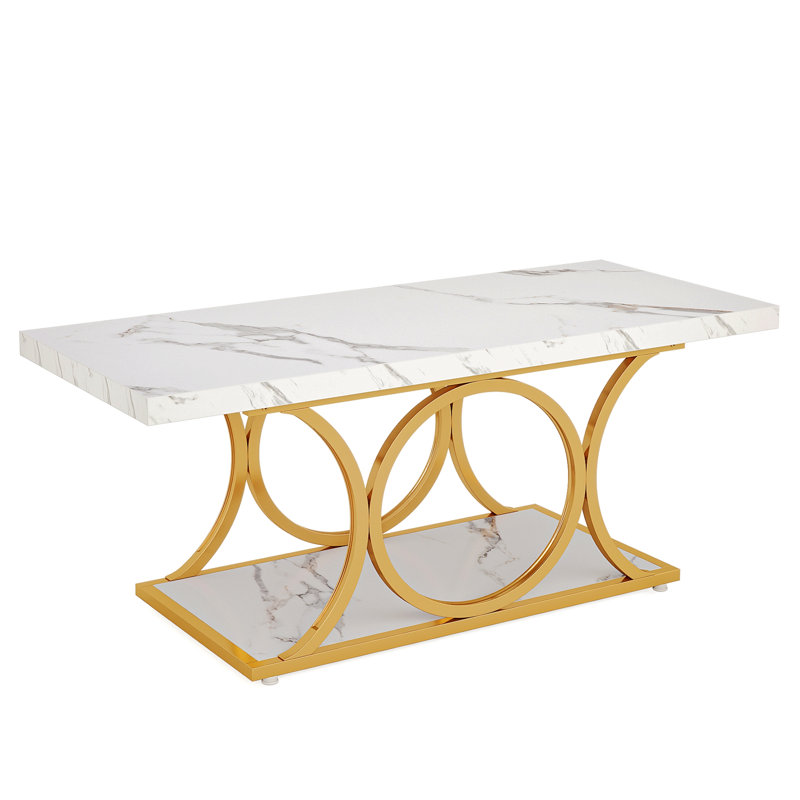 Table basse rectangulaire, tables basses modernes 47,24 "pour le salon, table basse à 2 niveaux en faux marbre avec pieds géométriques, meubles avec tablette de rangement