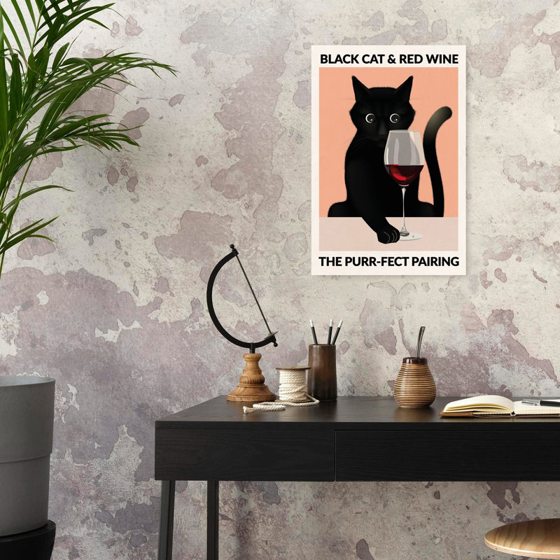 Black Cat Red Wine Classic Elegant Minimalist Cat Wall Art Print by WallChart Art Studio - Wrapped Canvas Print