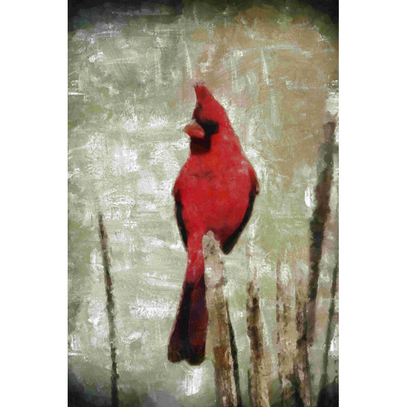 «Cardinal rouge peint sur gris», peinture sur toile tendue, H 36 po x l 24 po