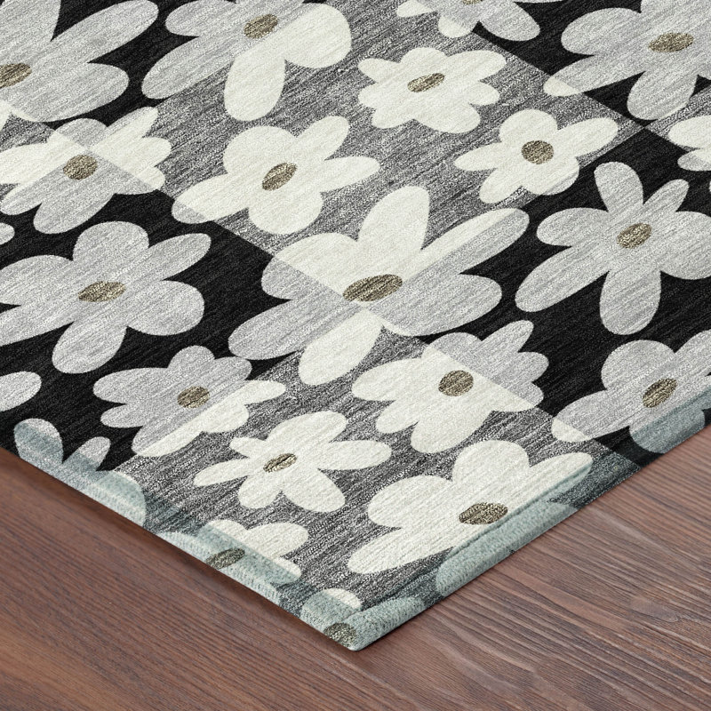 Machine Washable Indoor/Outdoor Chantille ACN2476 Floral Rug, 3' x 5', Black