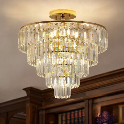 20'' 5-Tier Gold Crystal Chandelier Modern Round Semi Flush Mount Ceiling Light