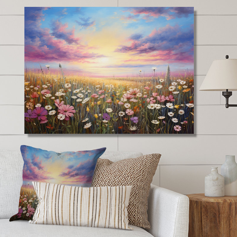 «Pink White Wildflowers Fields of Serenity», reproduction sur toile encadrée, Toile tendue, H 34 po x l 44 po x P 1,5 po
