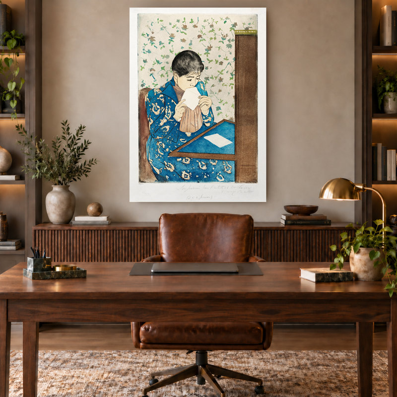 Femme scellant une lettre, style impressionniste vintage, toile murale bleue, H 54 po x l 36 po