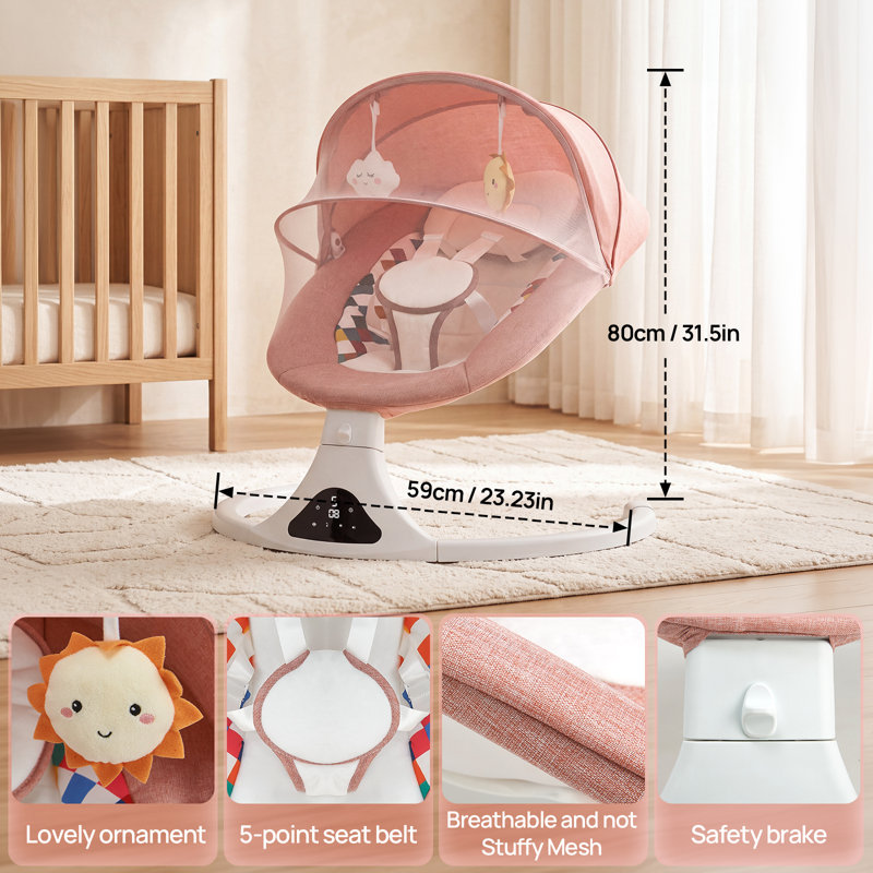 Balancelle pour bébé avec télécommande, minuterie 5 vitesses et 12 mélodies, rose