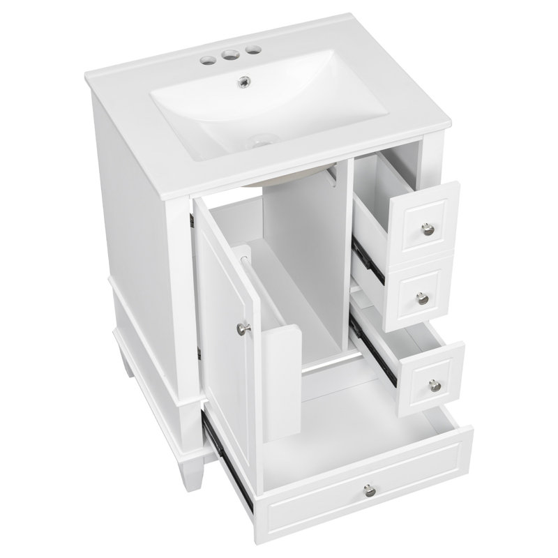Meuble-lavabo 24 po avec lavabo et tiroirs, meuble-lavabo autoportant blanc avec plateau en céramique et tablettes de rangement, panneau de fibres à densité moyenne et base en bois massif, meuble-lavabo moderne pour petites salles de bain