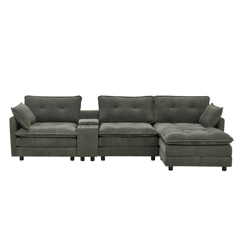 119" L-Shaped Oversized Corduroy Modular Sectional Sofa With 1 Ottoman And Multi Functional Console, 4-Seater Upholstered Couch With Usb And 2 Cup Holder,