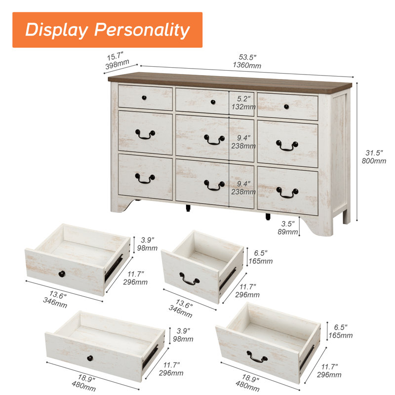 Commode décorative 9 tiroirs. Commode en bois l 53,5 po, Blanc