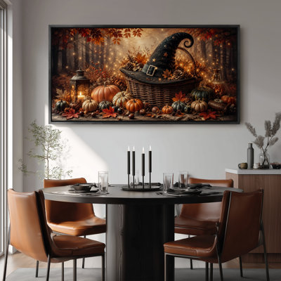 Grande toile encadrée - Décoration automnale citrouille et chapeau de sorcière pour l'Halloween - 152 x 76 cm