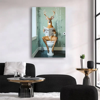 Funny Whimsical Deer Sitting On Toilet Reading Newspaper Oil Painting, Large Gallery Wrapped Canvas Wall Art Print For Living Room Bedroom