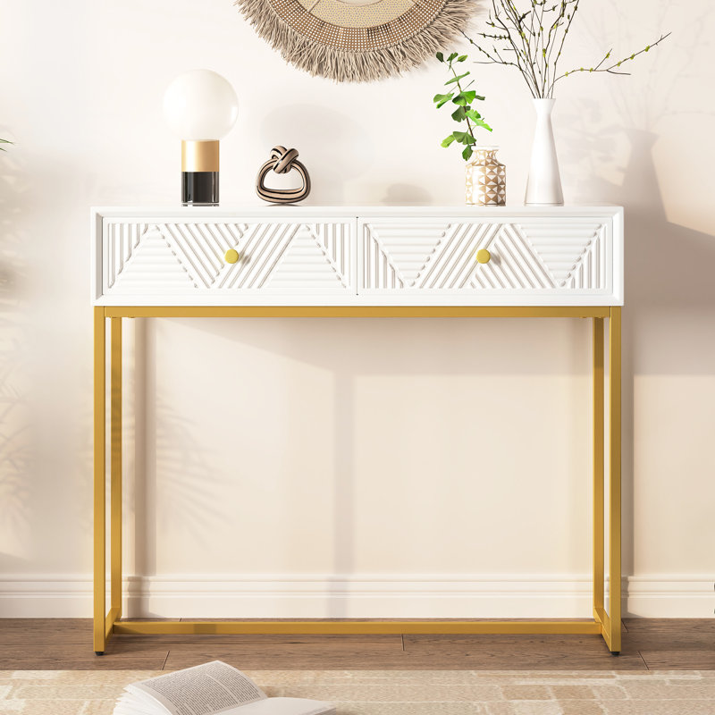 Console blanche avec éléments de tiroir géométriques et deux tiroirs pour le vestibule, White
