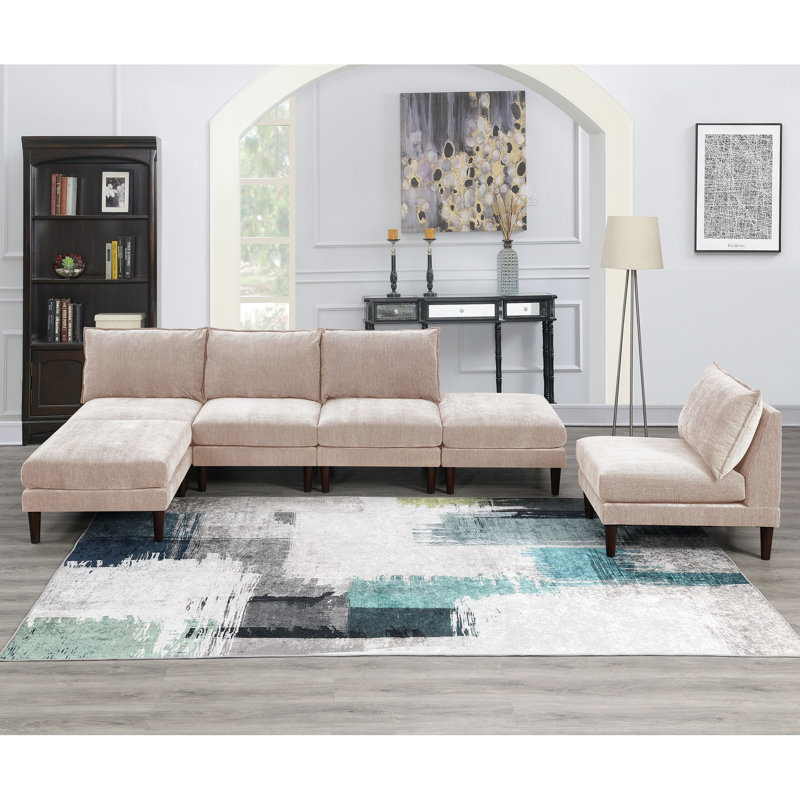 Blush Pink Modular Couch For Living With 4 Armless Chairs And 2 Ottomans 6 Sectional & Home, Pink Fabric