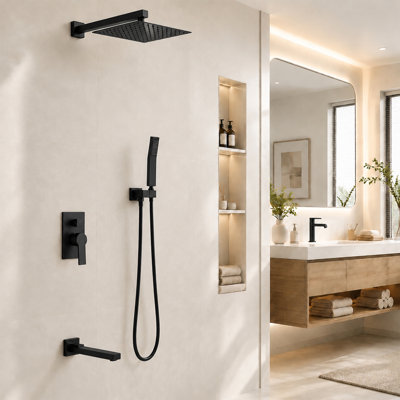 Système de douche complet avec pommeau de douche effet pluie de 25 cm en acier inoxydable SUS304, mitigeur thermostatique CUPC, base en cuivre, fixation murale, flexible PVC de 1,5 m 88050-10 Mo