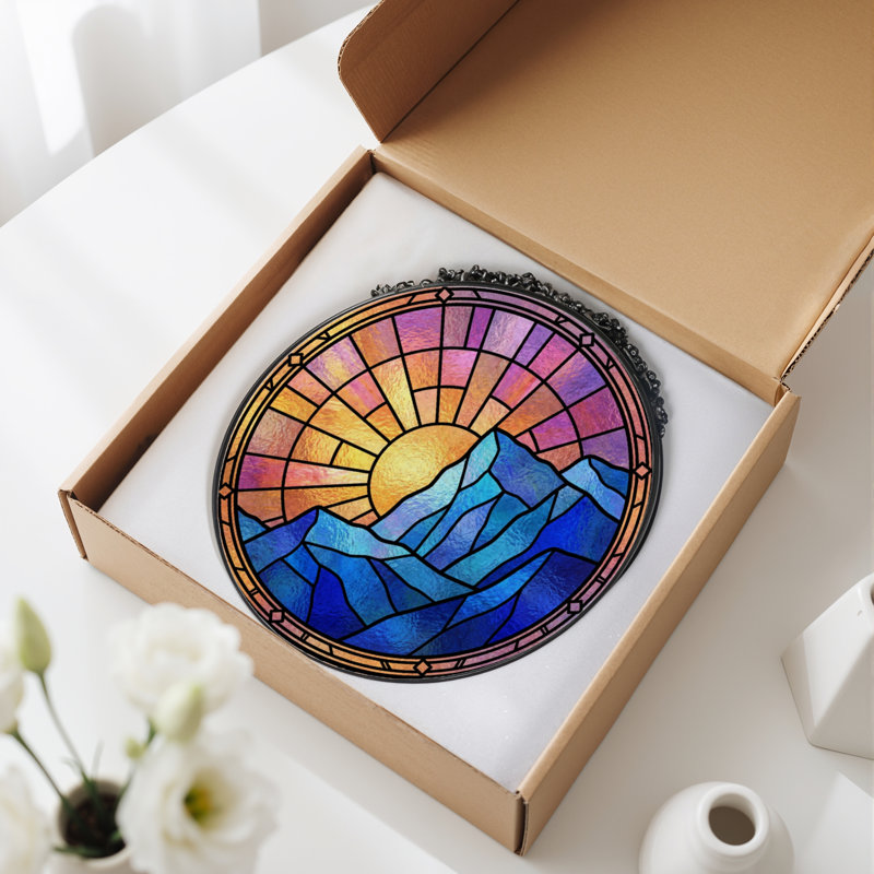 Panneau de vitrail 12 "H Sunset Mountains, H 12 po x l 12 po