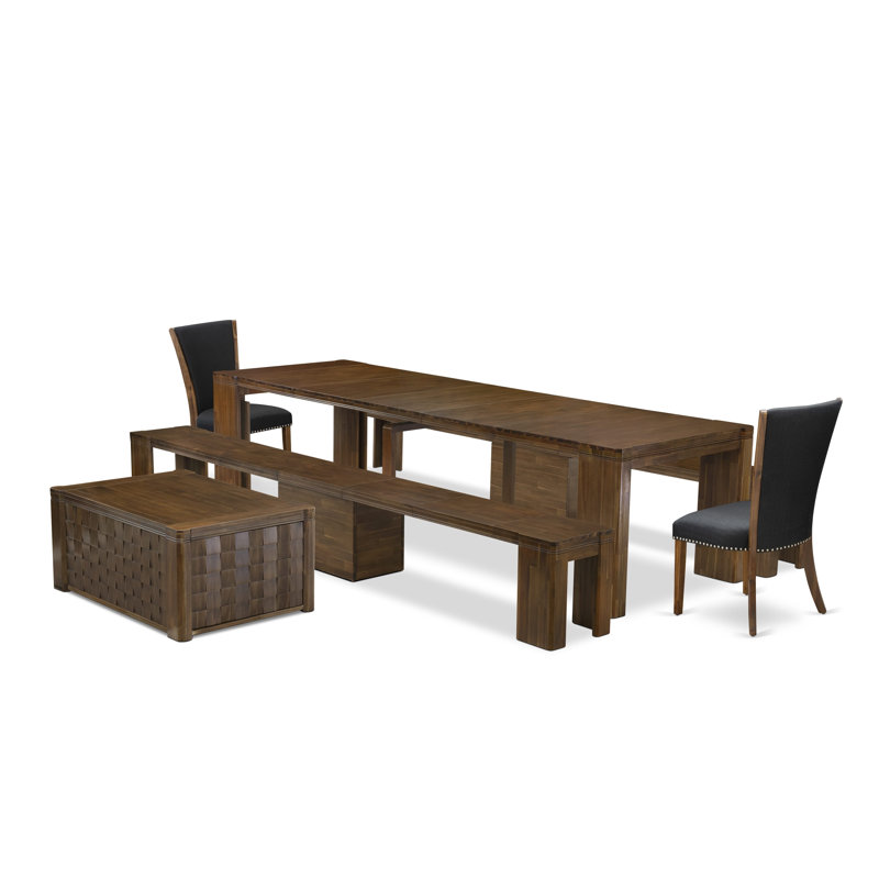 L'ensemble de table de salle à manger 6 pièces contient une table de cuisine rectangulaire extensible, 1 table basse, 2 chaises de salle à manger et 2 bancs modernes, noyer antique