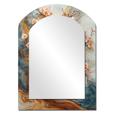 Sarrant Golden Cherry Blossom Tree Garden Of Ephemeral Beauty II - Cherry Blossom Asymmetrical Unique Wall Mirror, Traditional Arch Mirror, Printed Metal Art