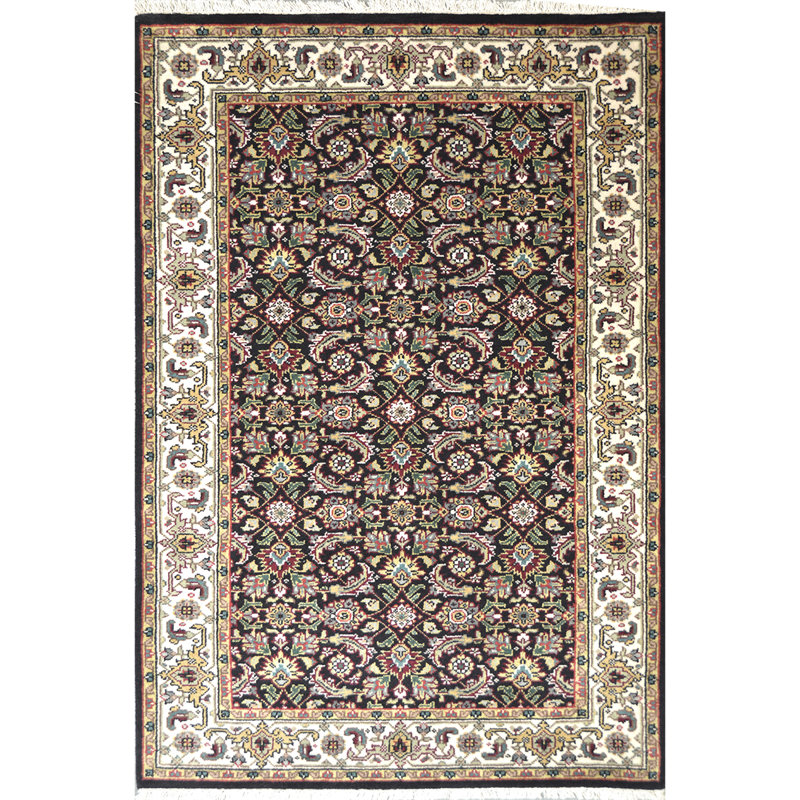 Tapis floral jaune / noir / blanc en laine noué à la main Floral, Rectangle 10 pi x 14 pi