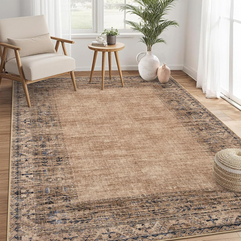 Washable Vintage Border Runner Rug Non-Slip Low Pile Stain-Resistant Boho Throw Carpet for Kitchen Hallway Living Room Bedroom Taupe/Brown.