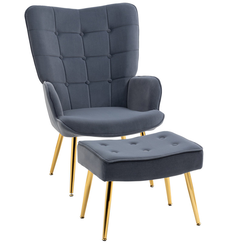 Angelamarie Velvet Armchair with Footstool, Grey