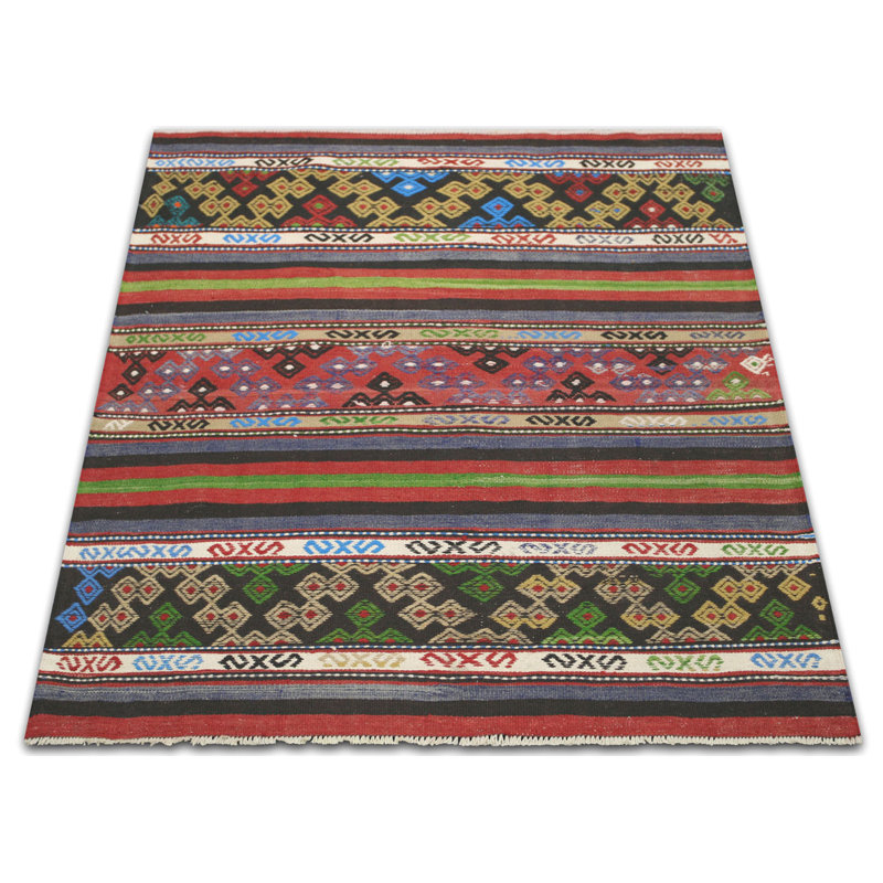 One-of-a-Kind Hand-Knotted 1960s 3'11" x 4'9" Wool Area Rug in Red/Gray/Green
