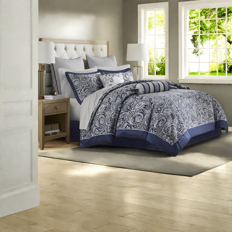 Elegant Navy Bedding Sets, Polyester-cotton Blend, Modern Paisley Design For Home