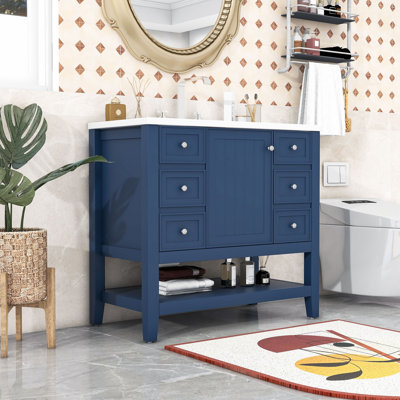 Meuble-lavabo simple autoportant moderne Tyshiem avec lavabo en céramique et grand rangement